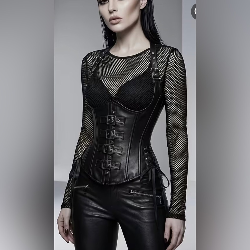 Black Buckle Halter Steampunk Faux Leather Gothic Underbust Corset Top